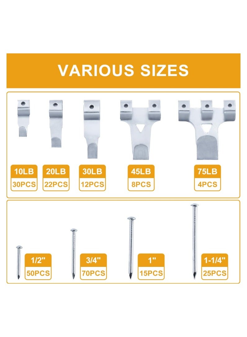 ZFHDBM 303Pcs Picture Hanging Kit, Picture Hangers Assorted Kit with Heavy Duty Picture Hanging Hooks/Hardware Nails/Sawtooth/Wire/D Rings/Level, Metal Picture Wall Hooks for Frame Canvas Mounting - Image 2