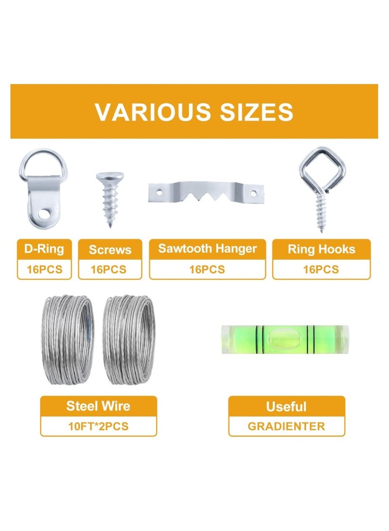 ZFHDBM 303Pcs Picture Hanging Kit, Picture Hangers Assorted Kit with Heavy Duty Picture Hanging Hooks/Hardware Nails/Sawtooth/Wire/D Rings/Level, Metal Picture Wall Hooks for Frame Canvas Mounting - Image 3