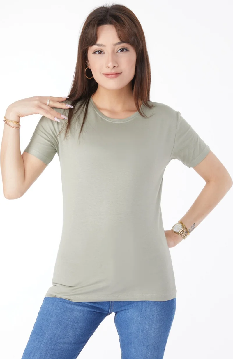 Tofisa Plain Crew Neck Women's Khaki Short Sleeve Unprinted T-Shirt - 24764