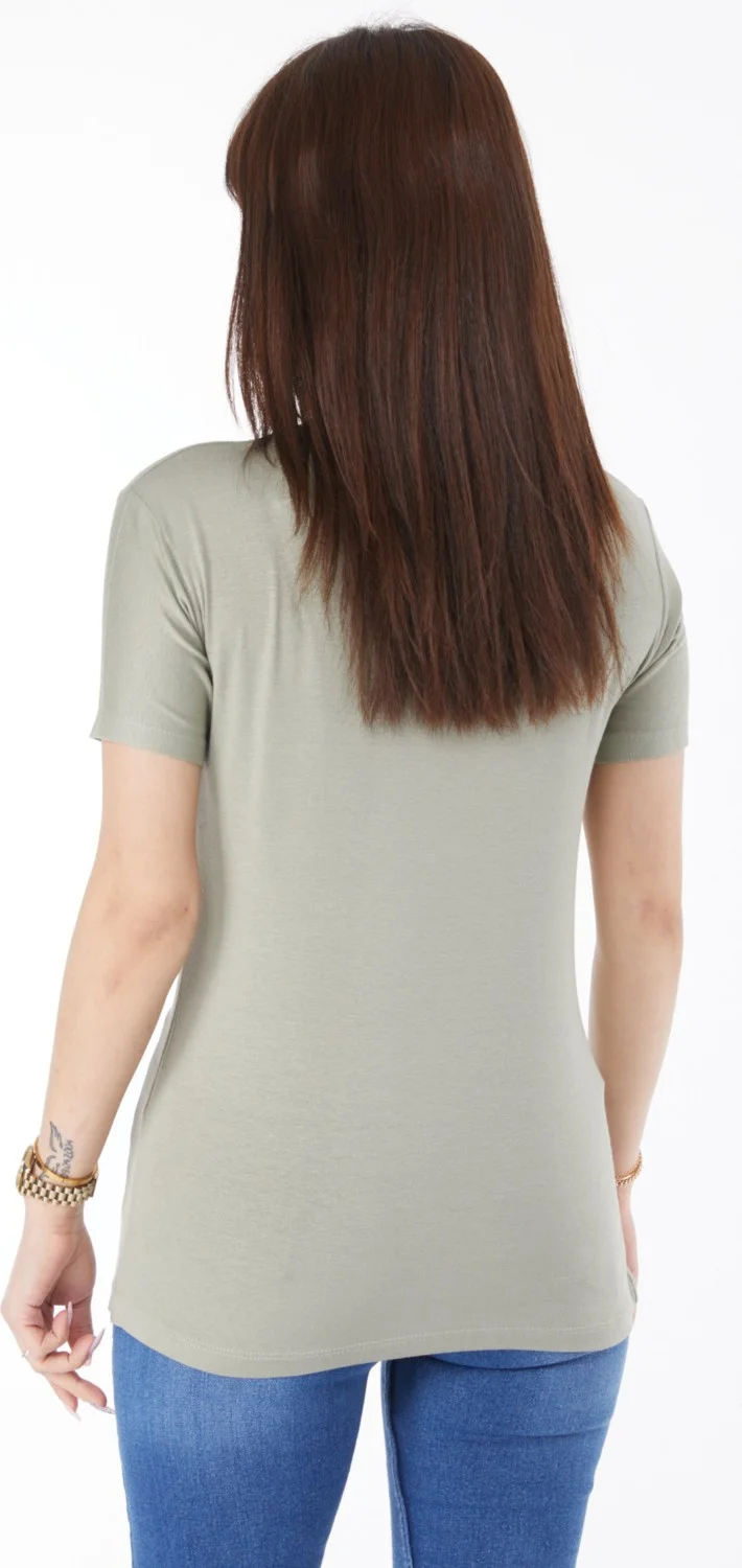 Tofisa Plain Crew Neck Women's Khaki Short Sleeve Unprinted T-Shirt - 24764