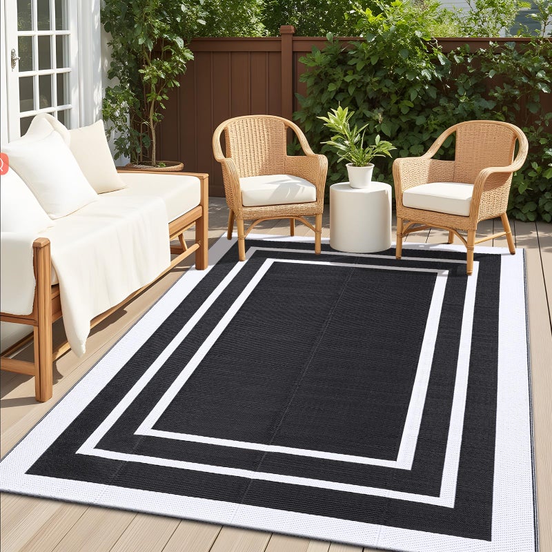 OLANLY Outdoor Rug 5x8 ft Waterproof Reversible Outdoor Plastic Straw Rug RV Mat Indoor Outdoor Carpet Clearance for Patio Camping Balcony Deck Backyard Black White - Image 2