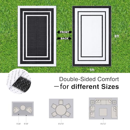 OLANLY Outdoor Rug 5x8 ft Waterproof Reversible Outdoor Plastic Straw Rug RV Mat Indoor Outdoor Carpet Clearance for Patio Camping Balcony Deck Backyard Black White - Image 3
