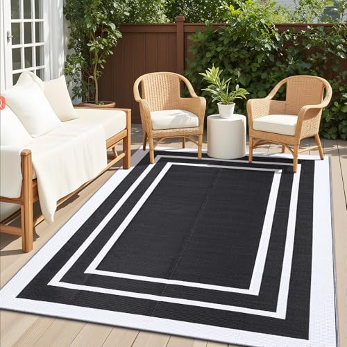 OLANLY Outdoor Rug 5x8 ft Waterproof Reversible Outdoor Plastic Straw Rug RV Mat Indoor Outdoor Carpet Clearance for Patio Camping Balcony Deck Backyard Black White - Image 1