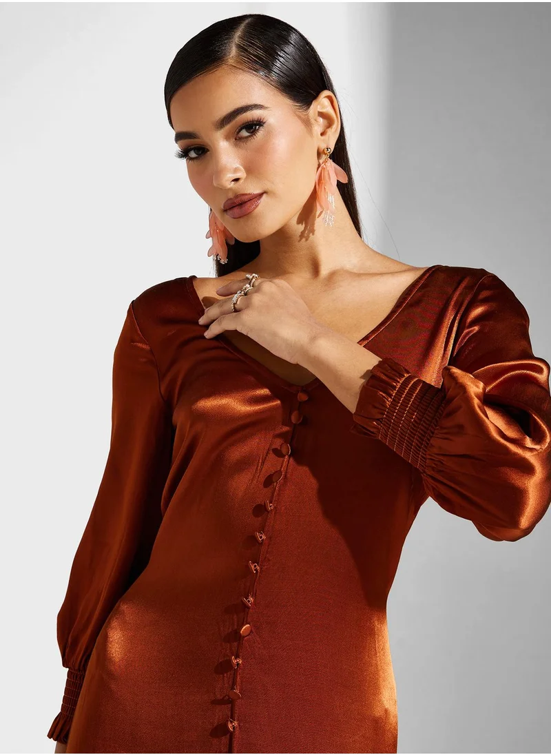 Goddiva Satin Button Detailed Puff Sleeve Dress