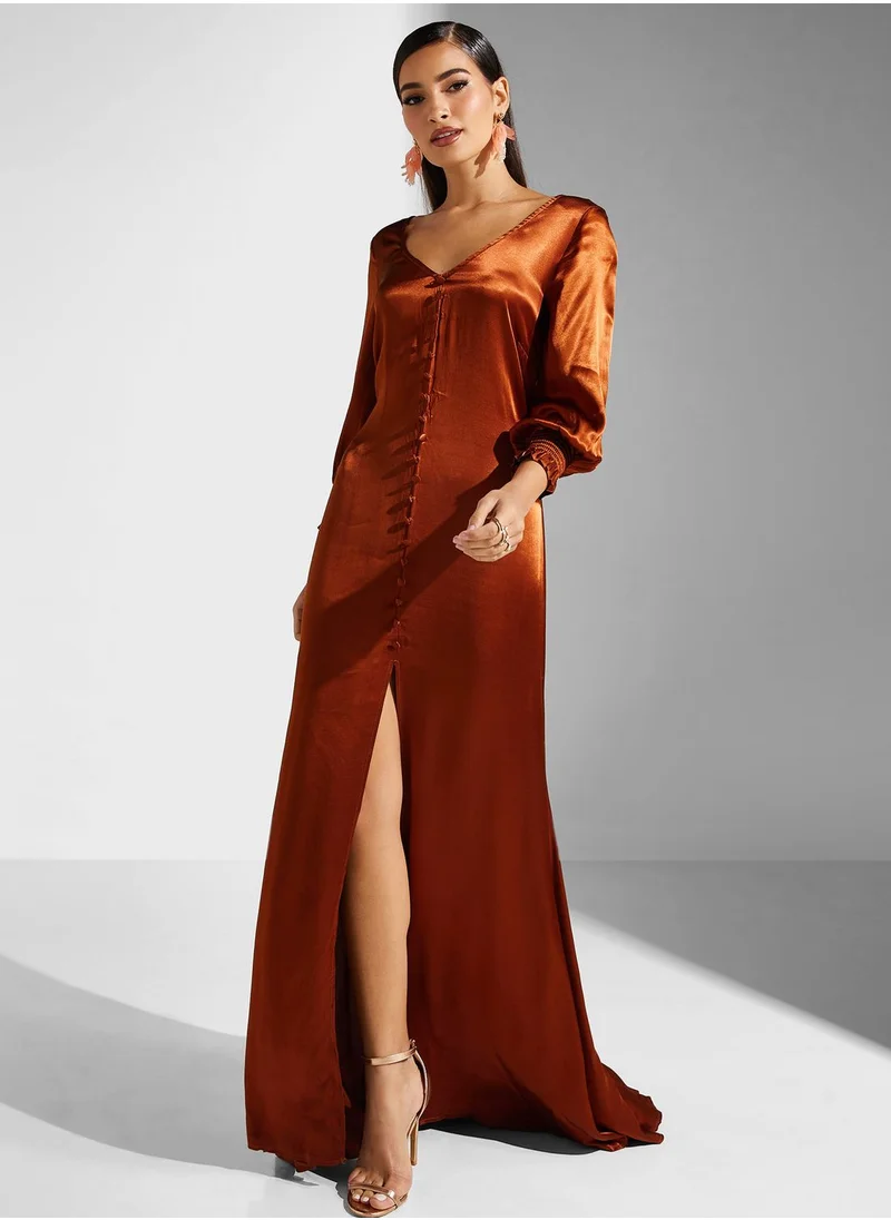 Goddiva Satin Button Detailed Puff Sleeve Dress