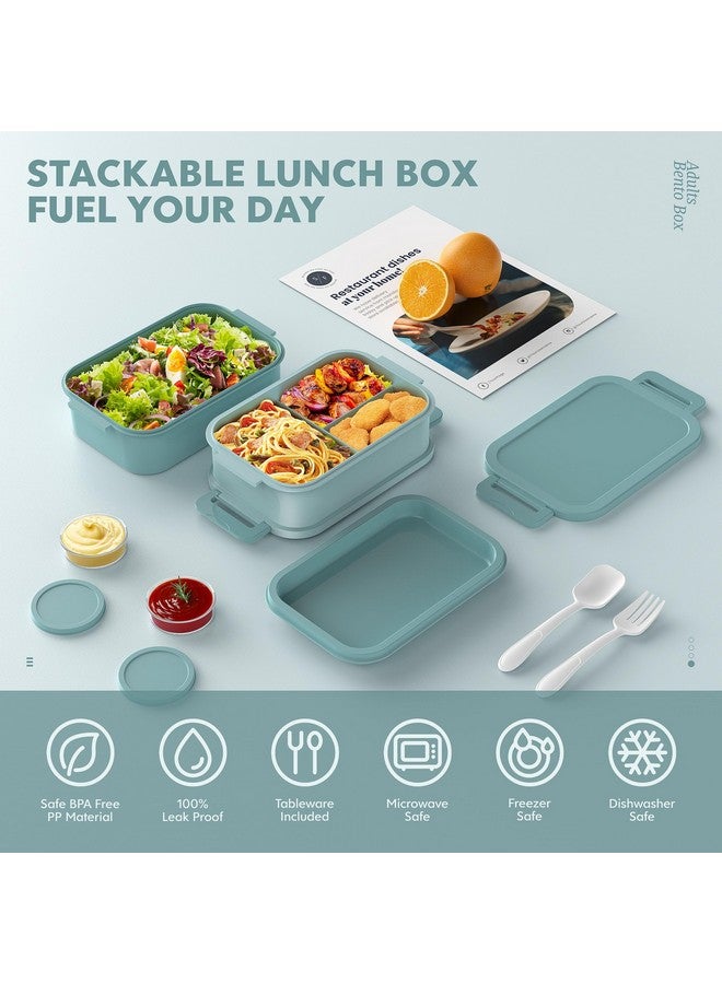 Jelife Bento Box Adult Lunch Box - 72oz Stackable Bento Lunch Box for Adults, 3 Layers All-in-One Large Bento Box Leak-Proof Lunchbox with Utensil Sauce Dressing Containers for Dining Out,Work, Green - Image 2