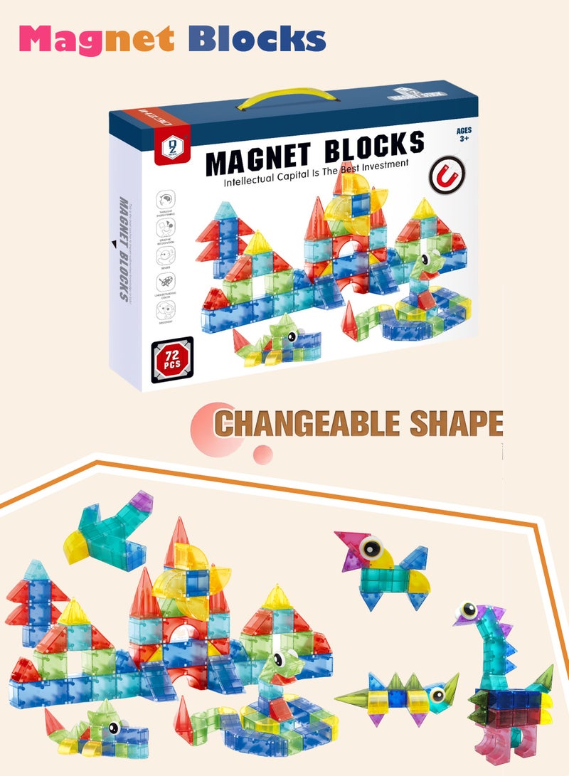 DEZHI 72 قطعة مجموعة كبيرة من كتل الهندسة المغناطيسية، كتل بناء ثلاثية الأبعاد للأطفال، تجميع مجاني للحيوانات والمباني ووسائل النقل، تعزز قدرة التفكير المنطقي لدى أطفالك. - Image 1