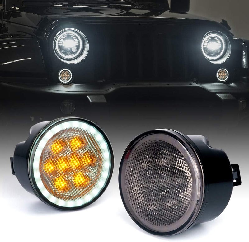 Xprite Smoked Lens Turn Signals Lights with DRL Halo, LED Front Grill Indicator Parking Lights Compatible with 2007-2018 Jeep Wrangler JK JKU, Amber - Image 1