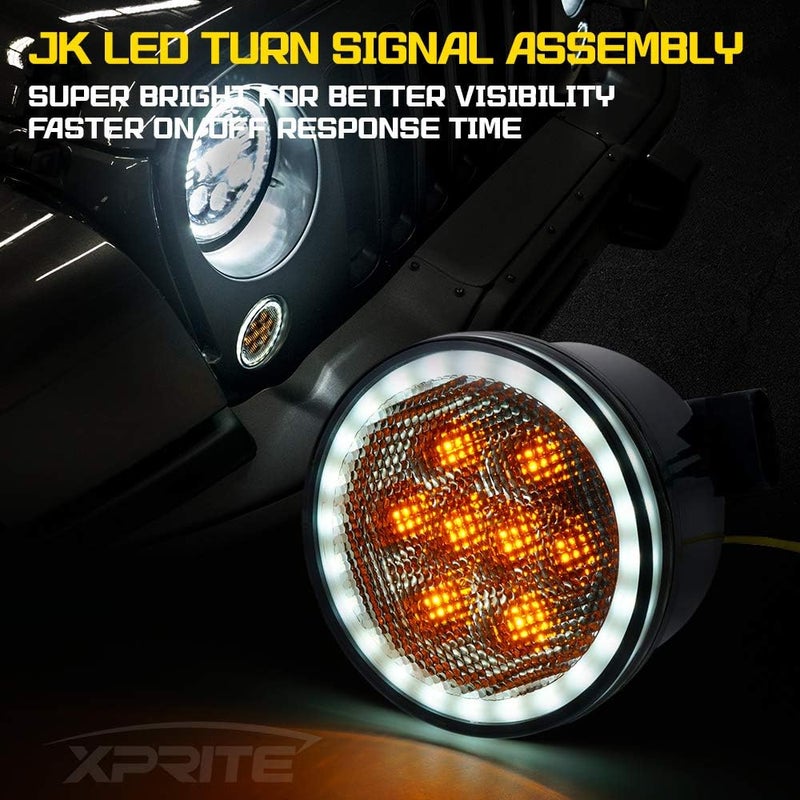 Xprite Smoked Lens Turn Signals Lights with DRL Halo, LED Front Grill Indicator Parking Lights Compatible with 2007-2018 Jeep Wrangler JK JKU, Amber - Image 2