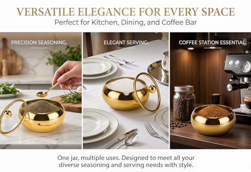 Phininia 15OZ Sugar Bowl with Glass Lid and Spoon, Sugar Container of Coffee Bar Accessories, Stainless Steel Jar for Salt, Tea, Brown Sugar Cube, Dishwasher Safe, Kitchen Decor Countertop Storage, Gold - Image 2
