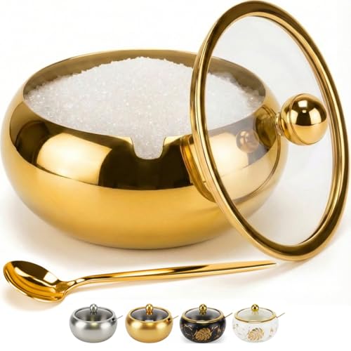 Phininia 15OZ Sugar Bowl with Glass Lid and Spoon, Sugar Container of Coffee Bar Accessories, Stainless Steel Jar for Salt, Tea, Brown Sugar Cube, Dishwasher Safe, Kitchen Decor Countertop Storage, Gold - Image 1