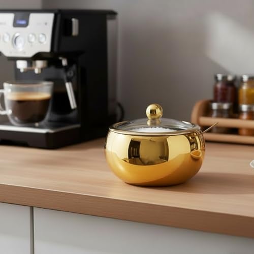 Phininia 15OZ Sugar Bowl with Glass Lid and Spoon, Sugar Container of Coffee Bar Accessories, Stainless Steel Jar for Salt, Tea, Brown Sugar Cube, Dishwasher Safe, Kitchen Decor Countertop Storage, Gold - Image 5