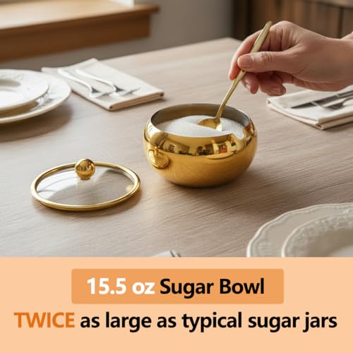 Phininia 15OZ Sugar Bowl with Glass Lid and Spoon, Sugar Container of Coffee Bar Accessories, Stainless Steel Jar for Salt, Tea, Brown Sugar Cube, Dishwasher Safe, Kitchen Decor Countertop Storage, Gold - Image 4