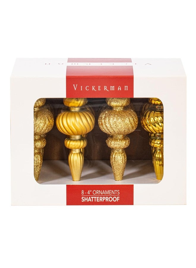 Vickerman 4" Gold 4-Finish Finial Ornament - Shatterproof Plastic Christmas Tree Decoration - 8 Pack, Gold Shiny, Matte, Glitter and Sequin Finishes - Reliable and Durable - Image 1