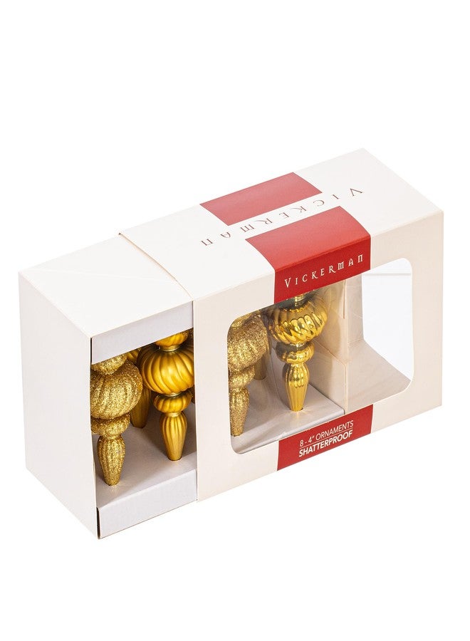 Vickerman 4" Gold 4-Finish Finial Ornament - Shatterproof Plastic Christmas Tree Decoration - 8 Pack, Gold Shiny, Matte, Glitter and Sequin Finishes - Reliable and Durable - Image 2