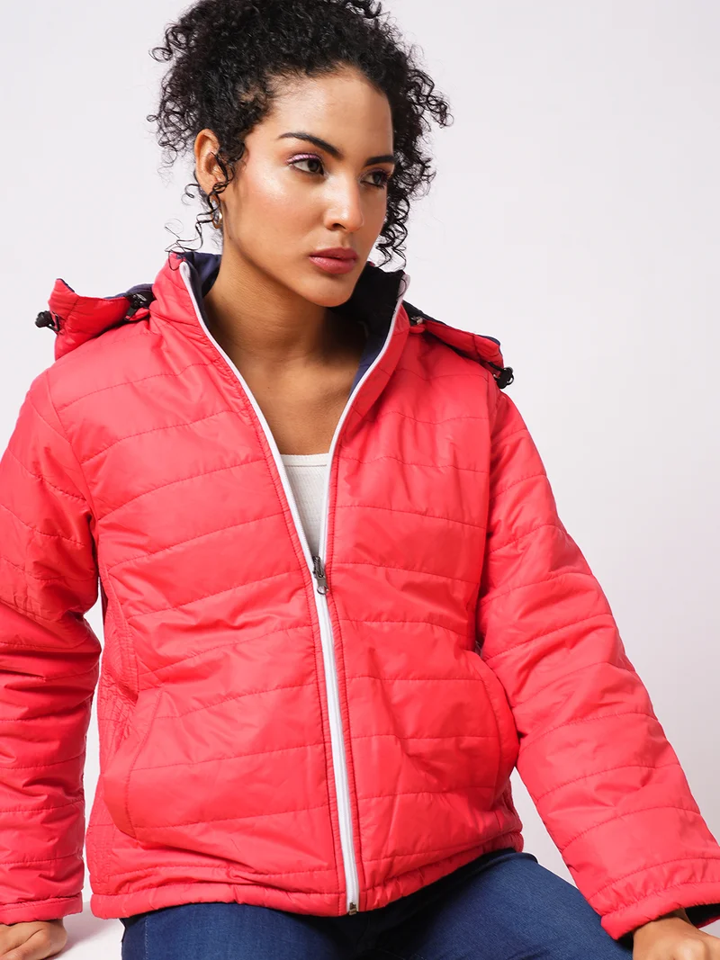 globus Women Hooded Solid Casual Puffer Reversible Jacket