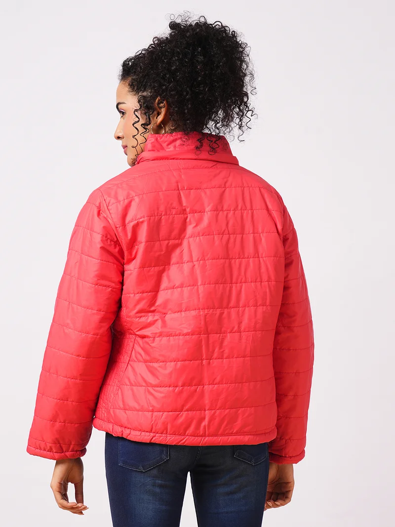 globus Women Hooded Solid Casual Puffer Reversible Jacket