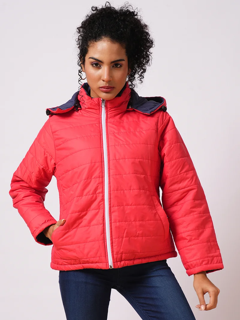 globus Women Hooded Solid Casual Puffer Reversible Jacket