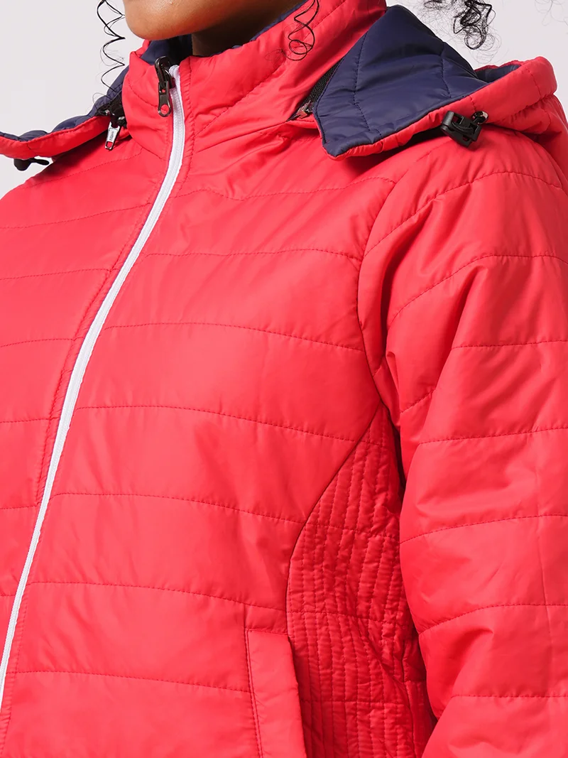 globus Women Hooded Solid Casual Puffer Reversible Jacket