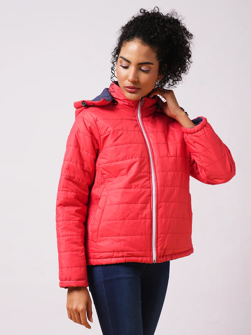 globus Women Hooded Solid Casual Puffer Reversible Jacket