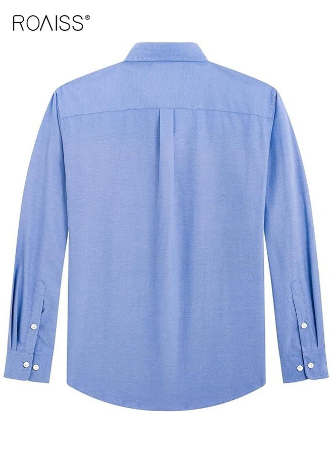 roaiss Men's Slim-Fit Long-Sleeved Button-Down Collar Shirt, Chest Pocket Straight-Shoulder Shirt , Oxford Cloth Breathable Casual Shirt, Light Blue - Image 2