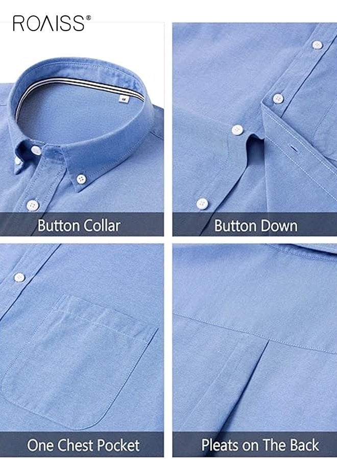 roaiss Men's Slim-Fit Long-Sleeved Button-Down Collar Shirt, Chest Pocket Straight-Shoulder Shirt , Oxford Cloth Breathable Casual Shirt, Light Blue - Image 3