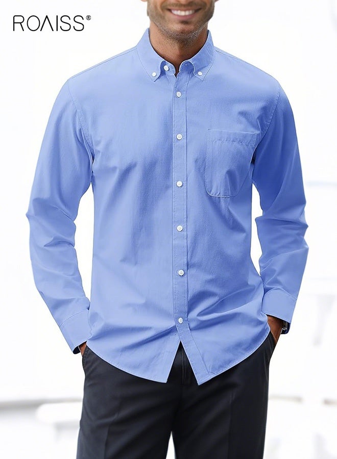 roaiss Men's Slim-Fit Long-Sleeved Button-Down Collar Shirt, Chest Pocket Straight-Shoulder Shirt , Oxford Cloth Breathable Casual Shirt, Light Blue - Image 1