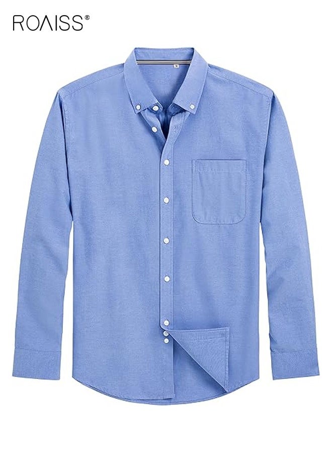 roaiss Men's Slim-Fit Long-Sleeved Button-Down Collar Shirt, Chest Pocket Straight-Shoulder Shirt , Oxford Cloth Breathable Casual Shirt, Light Blue - Image 4
