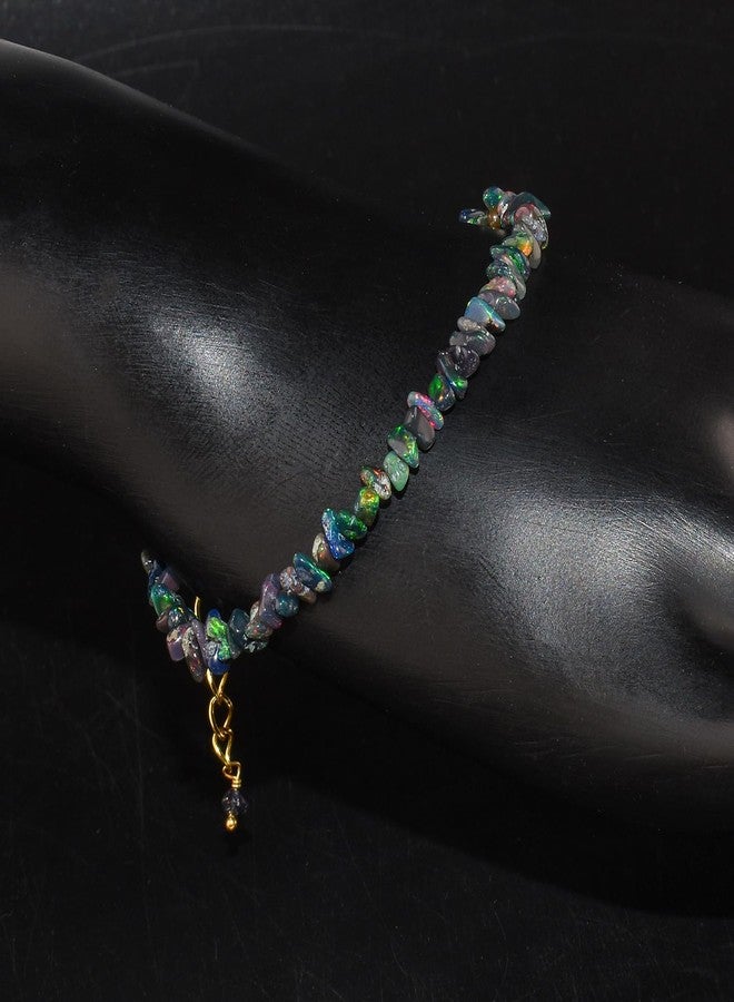 يانارا أساور يانارا من الأوبال الأسود للنساء، حجر كريم طبيعي خام من الأوبال الإثيوبي، حجر بخت شهر أكتوبر، كريستالات علاجية للشاكرات، سلسلة مطلية بالذهب عيار 14، طولها 8 بوصات. - Image 2