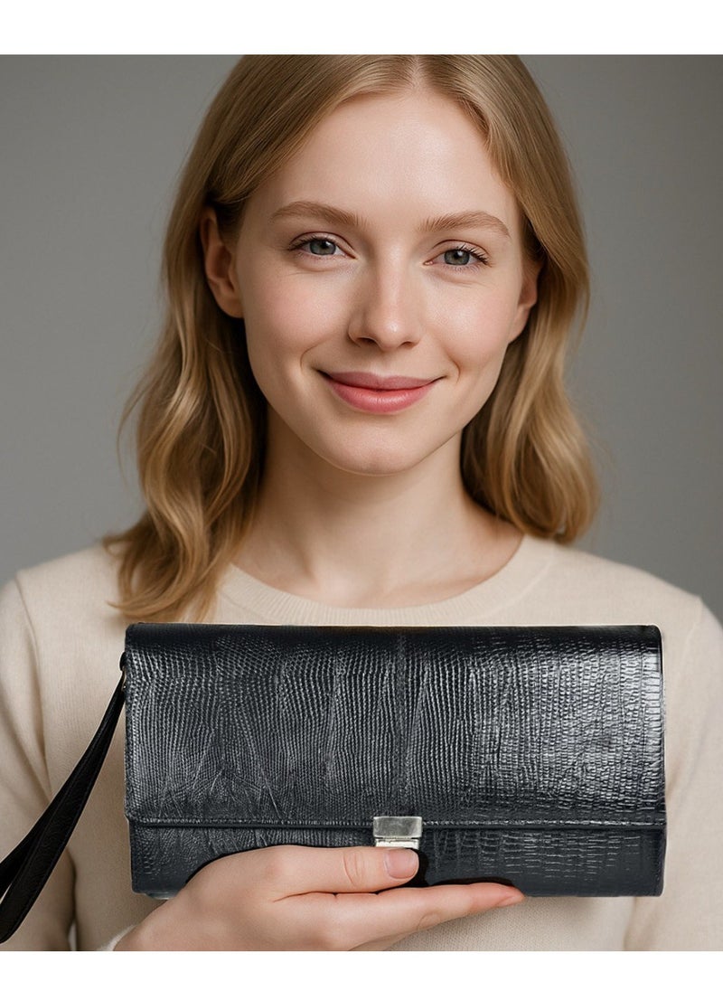 celora Ladies Genuine Leather Hand Clutch – Black Lizard Pattern | 25x14 cm | Celora  - Image 3