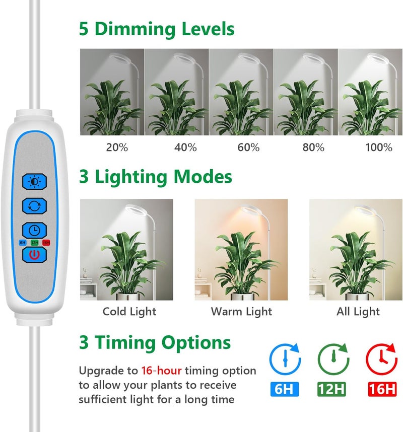 Aumtrly - Floor Grow Lights for Indoor Plants, Full Spectrum Plant Light with 68 Inch Stand for Growing Large Tall Plants, White Halo Grow Lamp with - Image 2