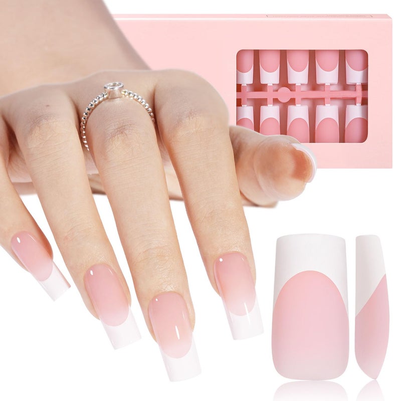 AILLSA French Gel Nail Tips, 180 Pcs Pink French Tip Press On Nails Long Square, Pre-Applied Primer & Base Coat, No Need File, Fake Nails with Designs DIY for Women Gift 15 Sizes - Image 1