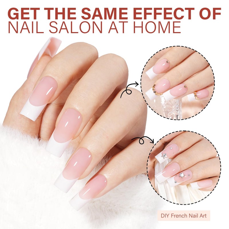 AILLSA French Gel Nail Tips, 180 Pcs Pink French Tip Press On Nails Long Square, Pre-Applied Primer & Base Coat, No Need File, Fake Nails with Designs DIY for Women Gift 15 Sizes - Image 3