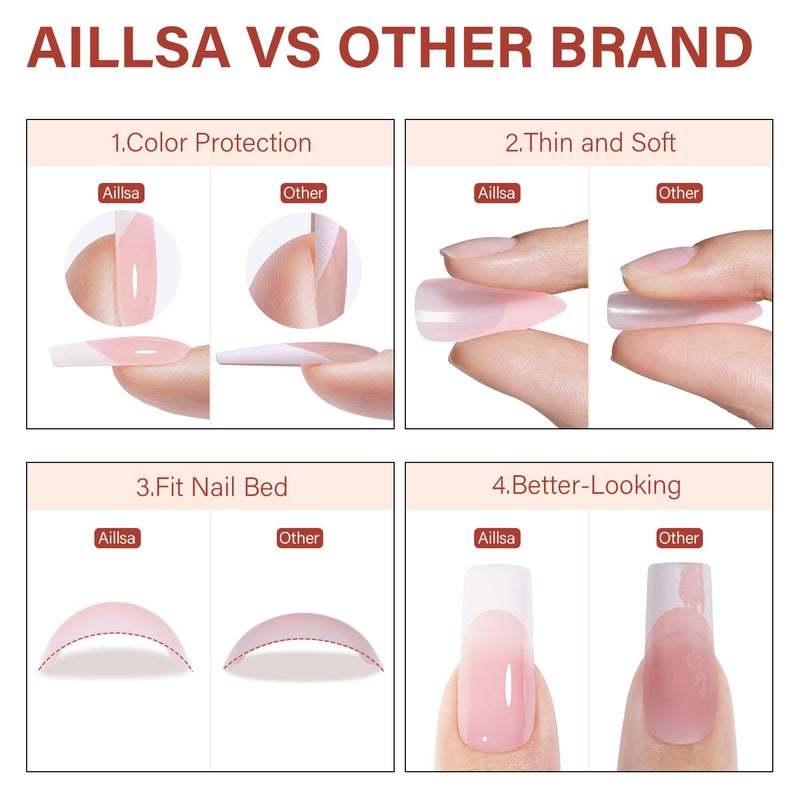 AILLSA French Gel Nail Tips, 180 Pcs Pink French Tip Press On Nails Long Square, Pre-Applied Primer & Base Coat, No Need File, Fake Nails with Designs DIY for Women Gift 15 Sizes - Image 5