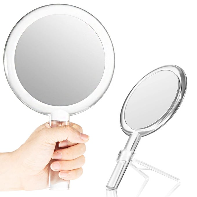 DOUBLESIDED HANDHELD MIRROR WITH STAND 1X10X MAGNIFYING MIRROR CLEAR ADJUSTABLE ROUND SHAPE 258 X 15 CM