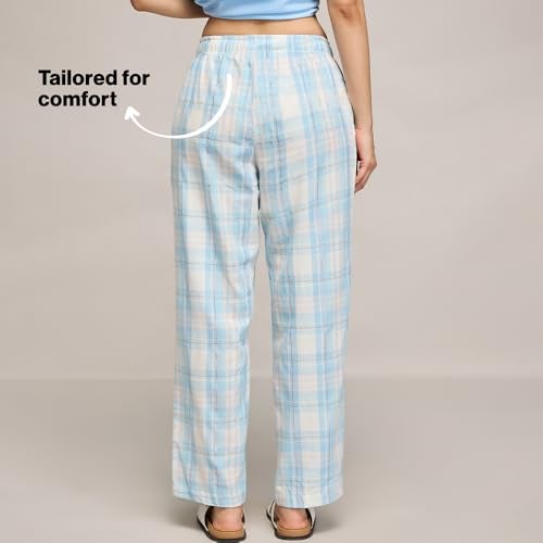 NYKD (NYS141 Checked Pure Cotton Pyjama Sleepwear Pants for Women | Relaxed Fit with Non-Slip Elasticated Waistband, Adjustable Drawcord & 2 Side Pockets | Ideal for Night, Lounge Blue - Image 5