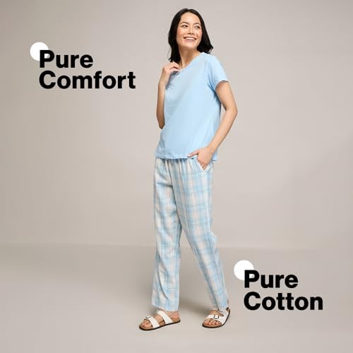 NYKD (NYS141 Checked Pure Cotton Pyjama Sleepwear Pants for Women | Relaxed Fit with Non-Slip Elasticated Waistband, Adjustable Drawcord & 2 Side Pockets | Ideal for Night, Lounge Blue - Image 2