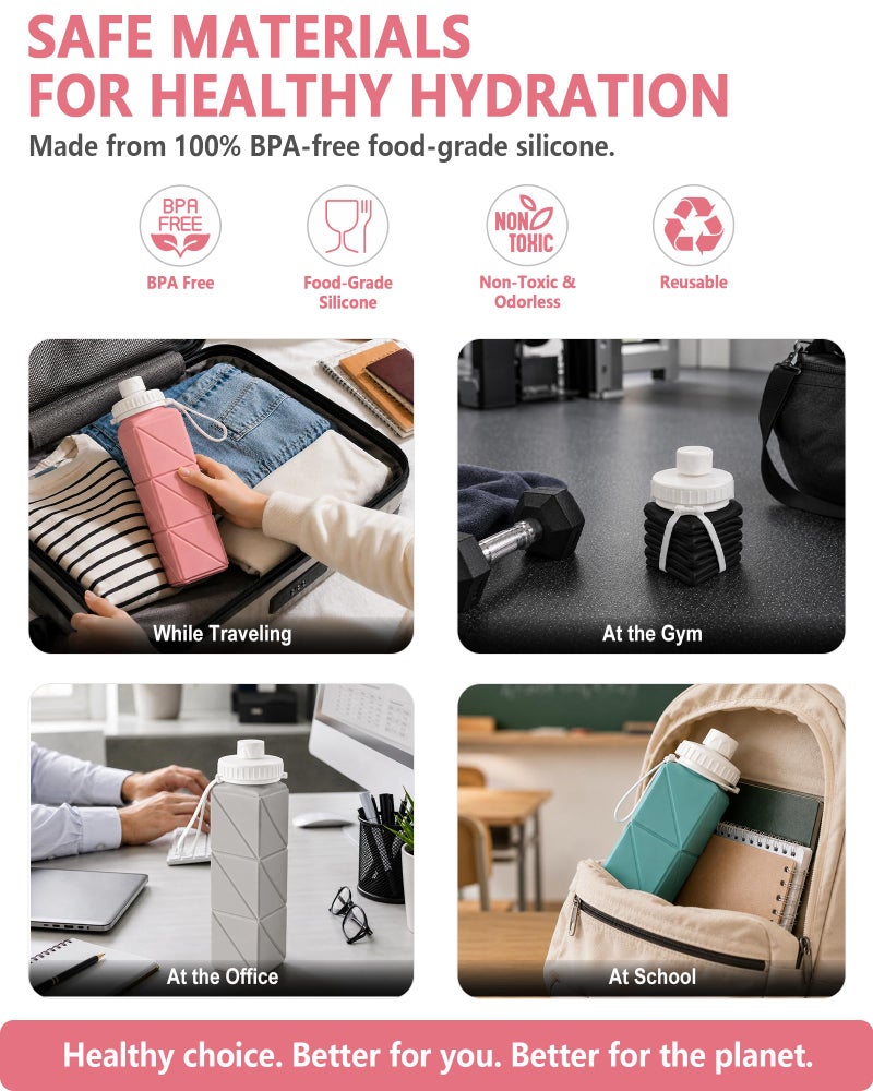 BEAUTAIL Collapsible Water Bottle 610 mL, Silicone Travel Water Bottle - Image 3