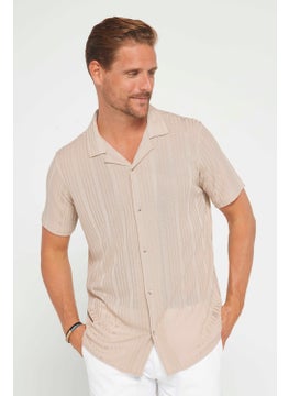 Tudors Slim Fit Short Sleeve Slim Fit Crochet Collar Knitted Fabric Beige Shirt  - Image 1