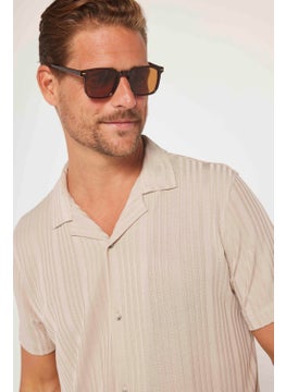 Tudors Slim Fit Short Sleeve Slim Fit Crochet Collar Knitted Fabric Beige Shirt  - Image 3