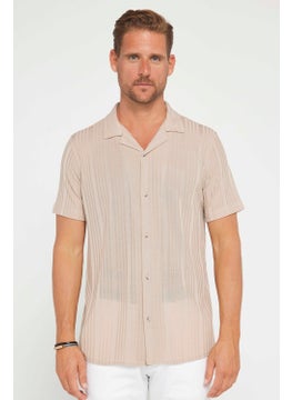 Tudors Slim Fit Short Sleeve Slim Fit Crochet Collar Knitted Fabric Beige Shirt  - Image 2