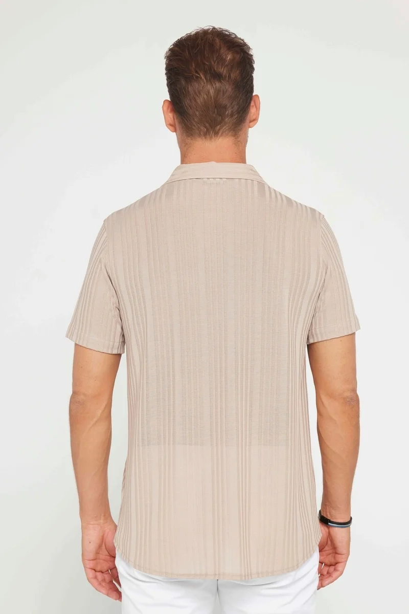 تودورس Slim Fit Short Sleeve Slim Fit Crochet Collar Knitted Fabric Beige Shirt