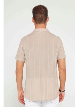 Tudors Slim Fit Short Sleeve Slim Fit Crochet Collar Knitted Fabric Beige Shirt  - Image 4