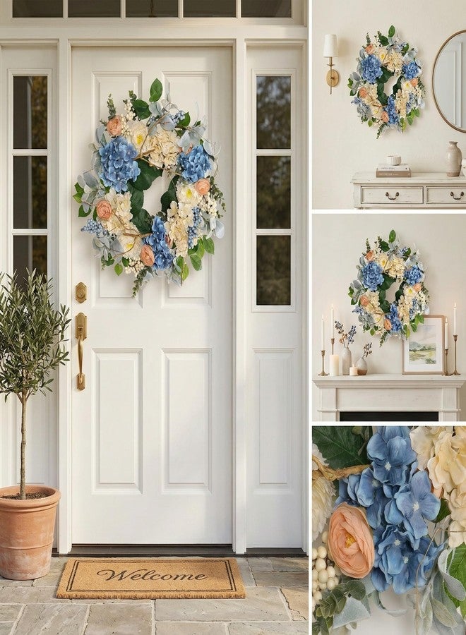 Quixem 22 Inch Hydrangea Wreath for Front Door Decor, UV Resistant Spring Floral Wreath with Blue and Peach Flowers, Waterproof Summer Wreath for Farmhouse Everyday Wreath - Image 2