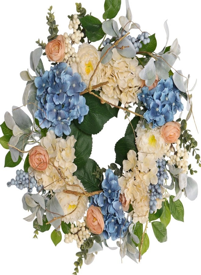 Quixem 22 Inch Hydrangea Wreath for Front Door Decor, UV Resistant Spring Floral Wreath with Blue and Peach Flowers, Waterproof Summer Wreath for Farmhouse Everyday Wreath - Image 1