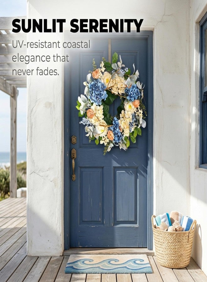 Quixem 22 Inch Hydrangea Wreath for Front Door Decor, UV Resistant Spring Floral Wreath with Blue and Peach Flowers, Waterproof Summer Wreath for Farmhouse Everyday Wreath - Image 4