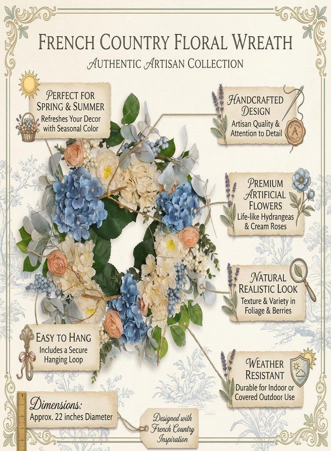 Quixem 22 Inch Hydrangea Wreath for Front Door Decor, UV Resistant Spring Floral Wreath with Blue and Peach Flowers, Waterproof Summer Wreath for Farmhouse Everyday Wreath - Image 5