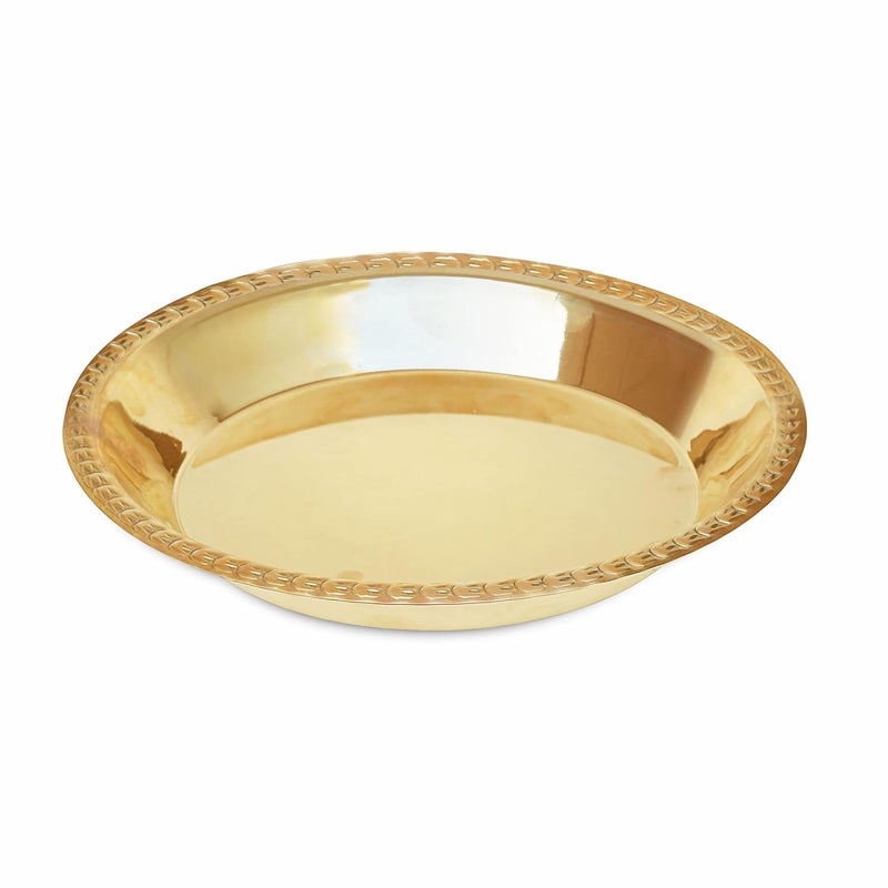 LandSlide Handmade Pure Brass Thali for Puja with Top Curb Hammered Gold 10 Inch - Image 1