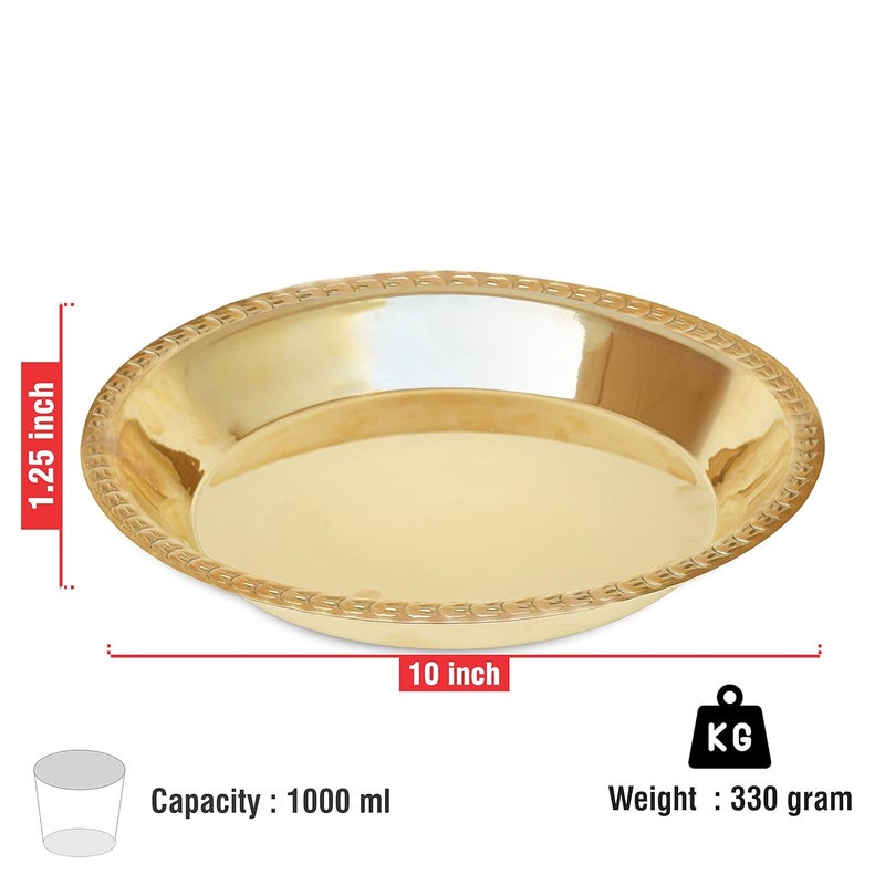 LandSlide Handmade Pure Brass Thali for Puja with Top Curb Hammered Gold 10 Inch - Image 3