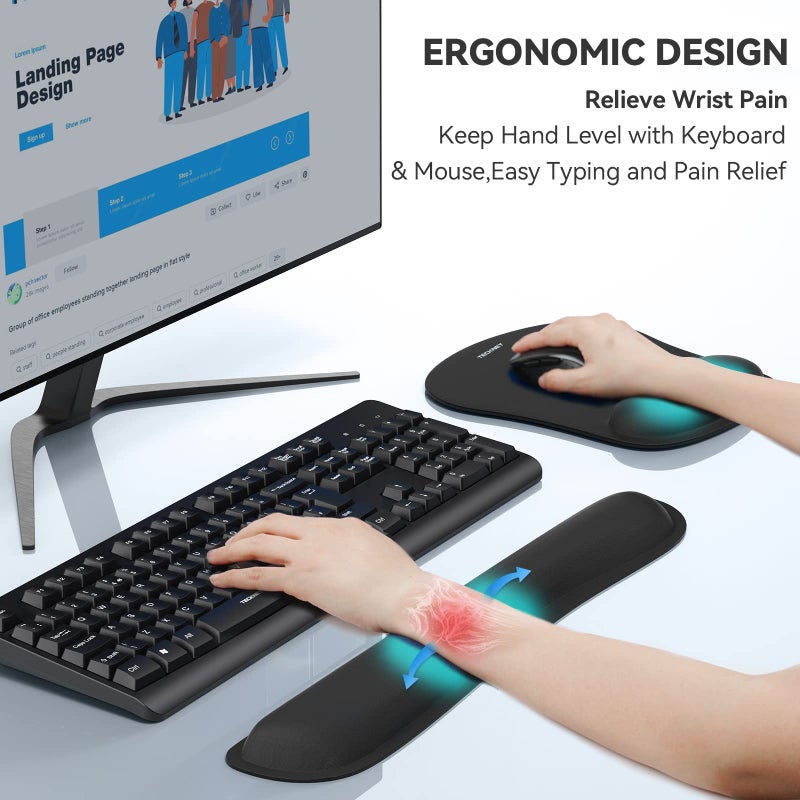 TECKNET Keyboard Wrist Rest and Mouse Pad with Wrist Support, Memory Foam Set for Computer/Laptop/Mac, Lightweight for Easy Typing & Pain Relief Ergonomic Mousepad (Black) - Image 2